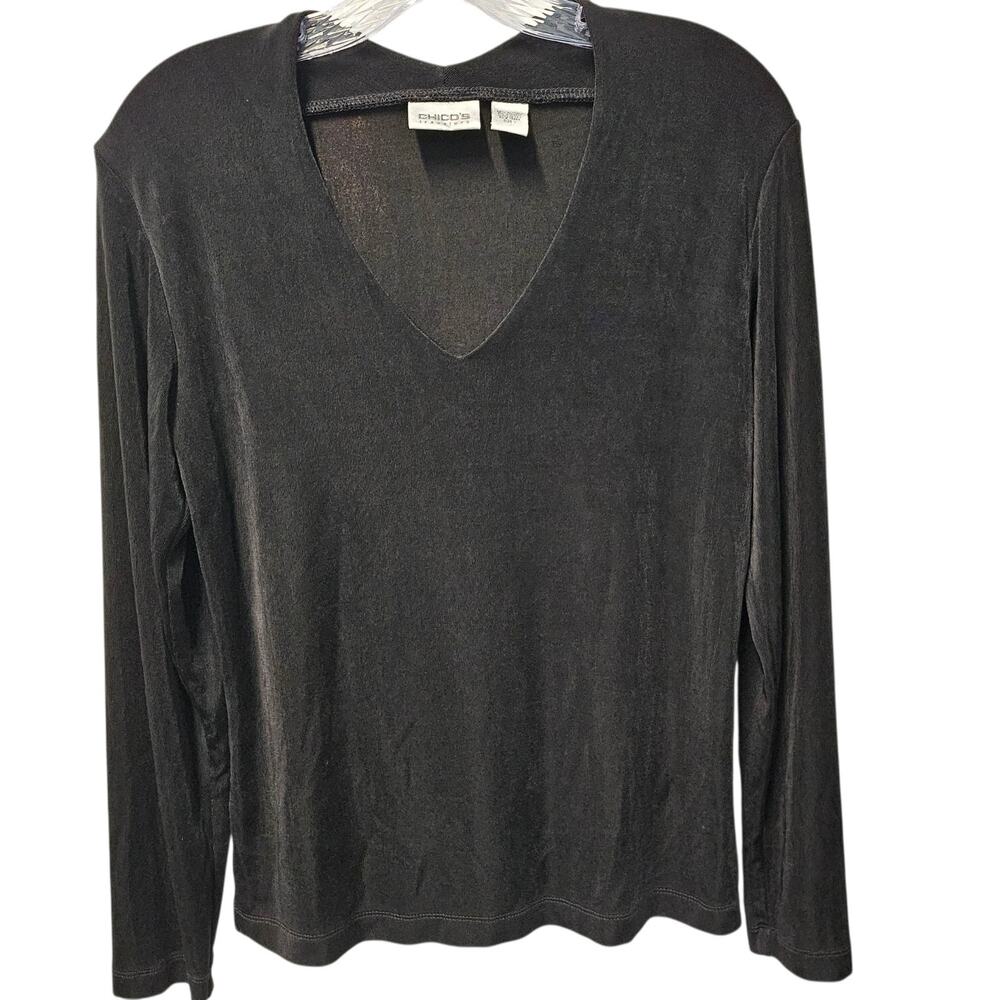 Chico's Size 1 - Small Travelers V-Neck Long Sleeve Top Comfortable Black